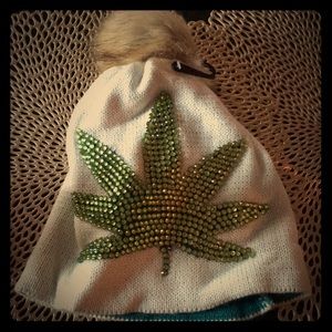 Bedazzled beanie with fur ball